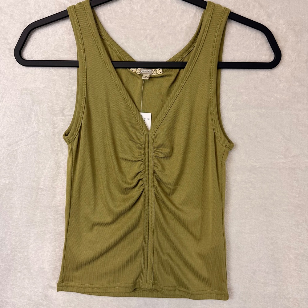 Gimmicks Buckle Olive Green Ribbed Ruched V-Neck Tank Top GMKR17795 Medium